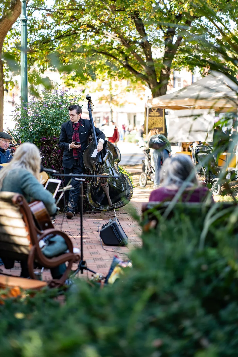 A small group of musicians performing beside an autumn market walkway